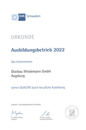 Zertifikat IHK Schwaben – anerkannter Ausbildungsbetrieb